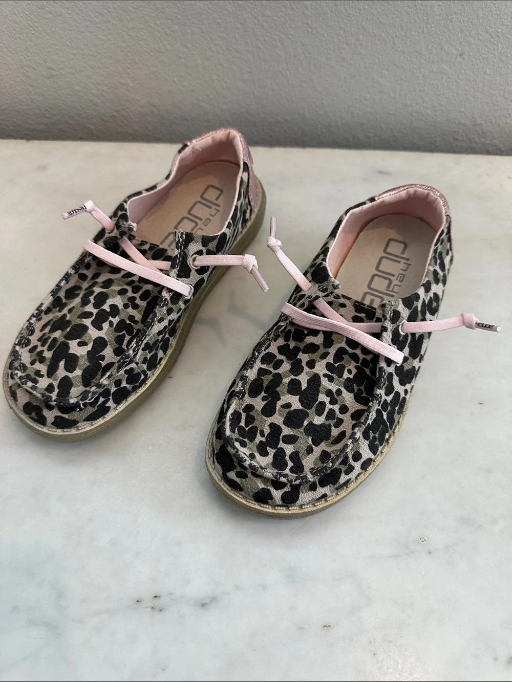 Hey Dude Kids Leopard Print Slip-On Moccasins with Pink Trim